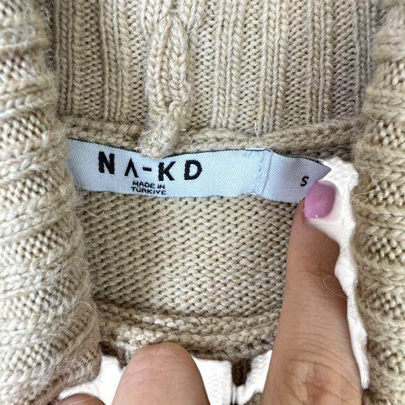 NA-KD Tan Knitted Oversized Long Sleeve Side Slit Turtleneck Midi Sweater Dress - Picture 11 of 12